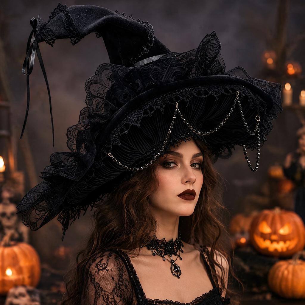 Lace Witch Hat Wide Brim Pointed Top Bow Gothic Costume Halloween Hat for Women Cosplay Party Dress Up