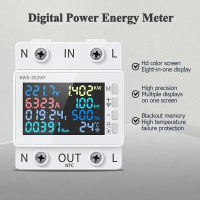 KWS-302 8 In1 Leistungsmesser AC Digitalanzeige Multifunktionsschienenspannungs- und Strommesser 170-300V/63A Amperemeter Voltmeter