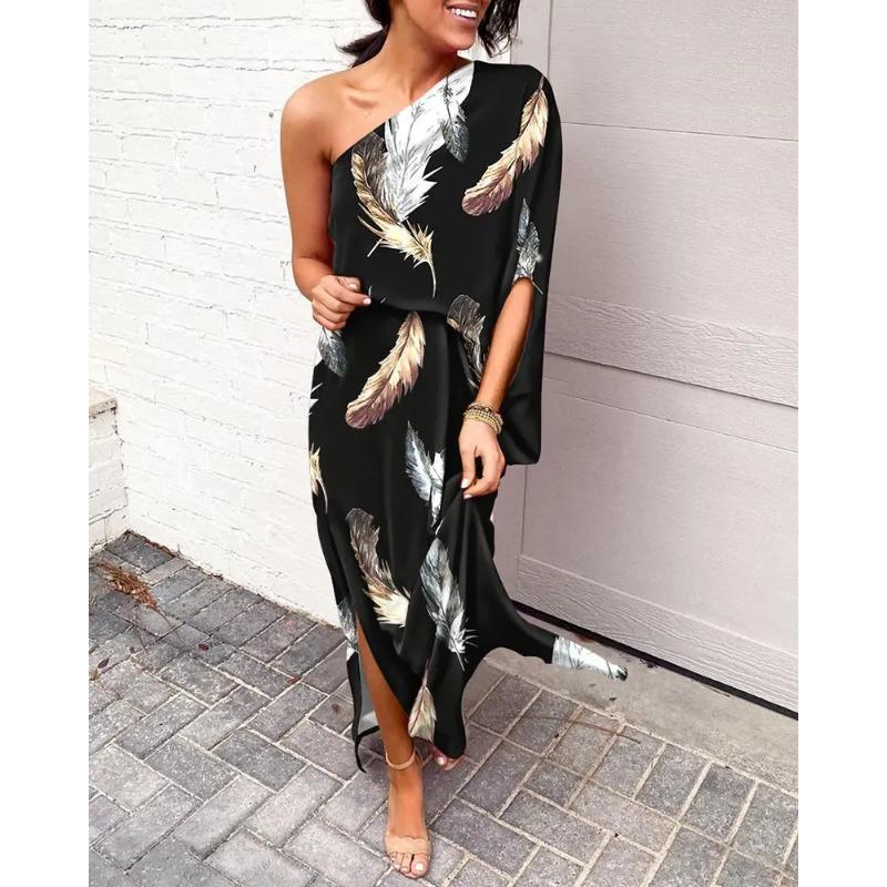 Women's Fashion Summer Spring Colour Block Print Short Sleeve Oblique Collar High Waist Casual Dresses