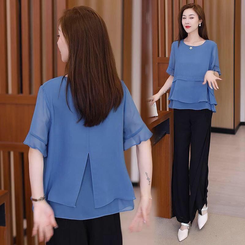 Short Sleeve Chiffon Women Shirts Summer Office Work Tops Elegant Lady Shirt Solid O-Neck Women Blouses