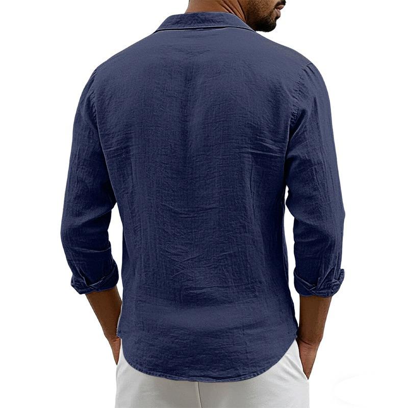Men's Long Sleeve Cardigan Loose Casual Solid Button-Down Collar Shirt.