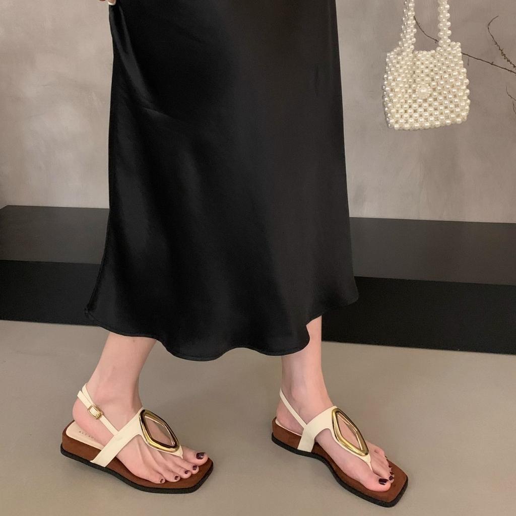 French Wedge Heel Metal Buckle Niche Toe Sandals Women's Summer 2025 New Models with Skirts Vacation Beach Roman Shoes
