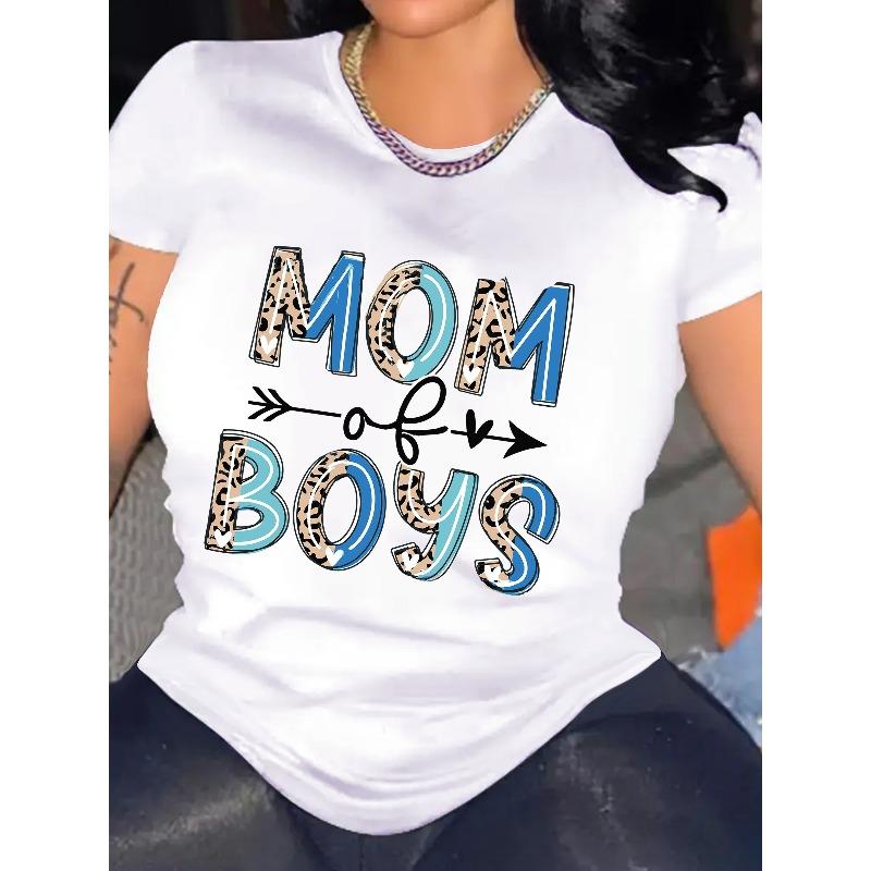 Europäische Größe Damen "MOM OF " Grafik-T-Shirt mit Leopardenmuster - Weiche Polyester-Spandex-Mischung, Lässiges Rundhals-Kurzarm-T-Shirt