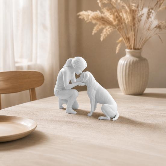 3D Printed Women Dog Figurine, Girls Pet Friendship Decorative Statue Sculpture for Living Room Home Office Shelf, Gift for Dog Lovers