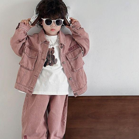 Children's Denim Outfits for Kids Spring and Autumn Pink Cool Handsome Baby Jacket Boys' Two-Piece Set Trendy and Cool