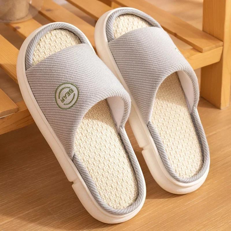 Fashion Couples Home Linen Slippers Women Men Indoor Bedroom Soft Slides Comfortable House Thick Sole Shoes Non-slip Breathable Flats