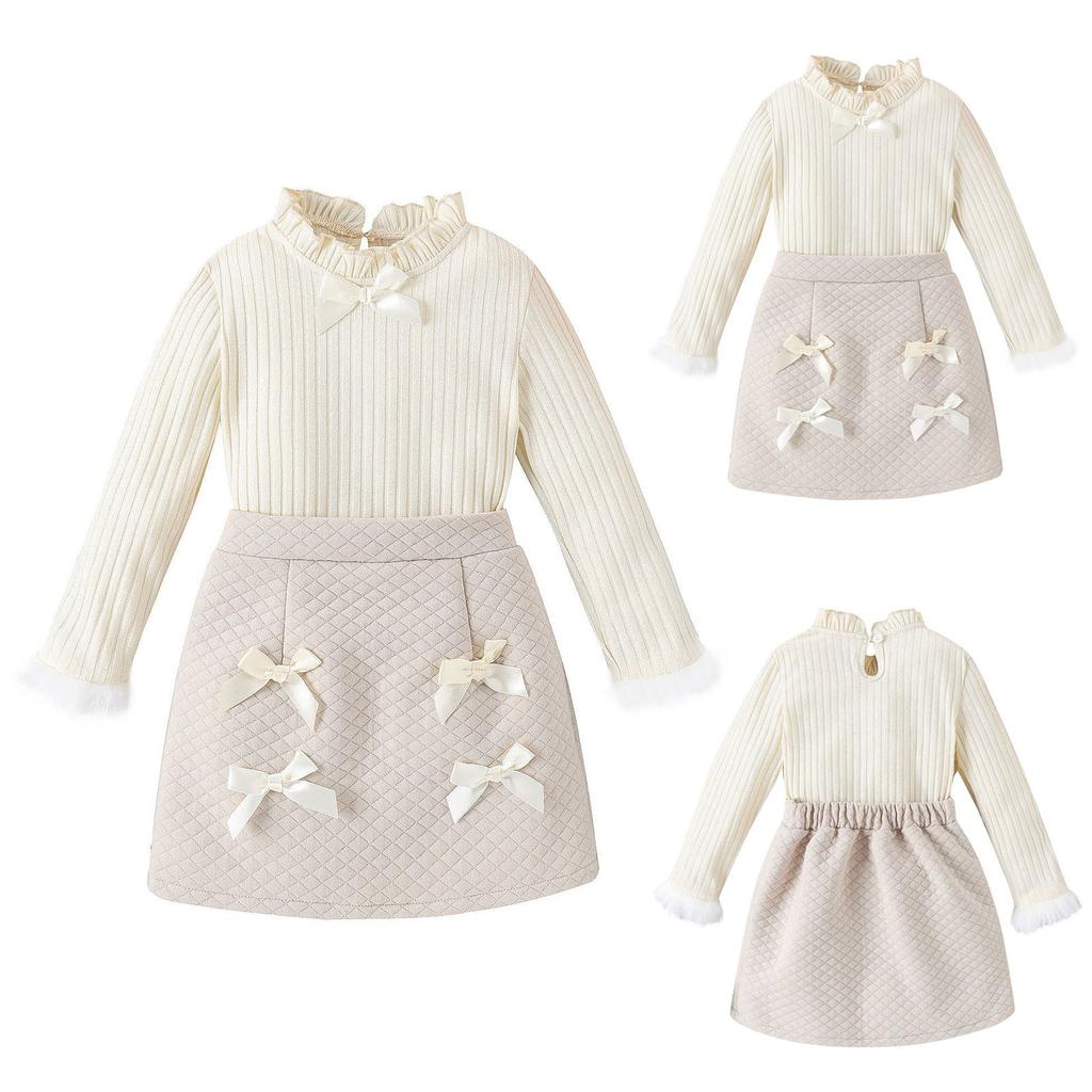 Winter Girls Lace Collar Sleeve Top Bowknot Short Skirt Two-piece Set