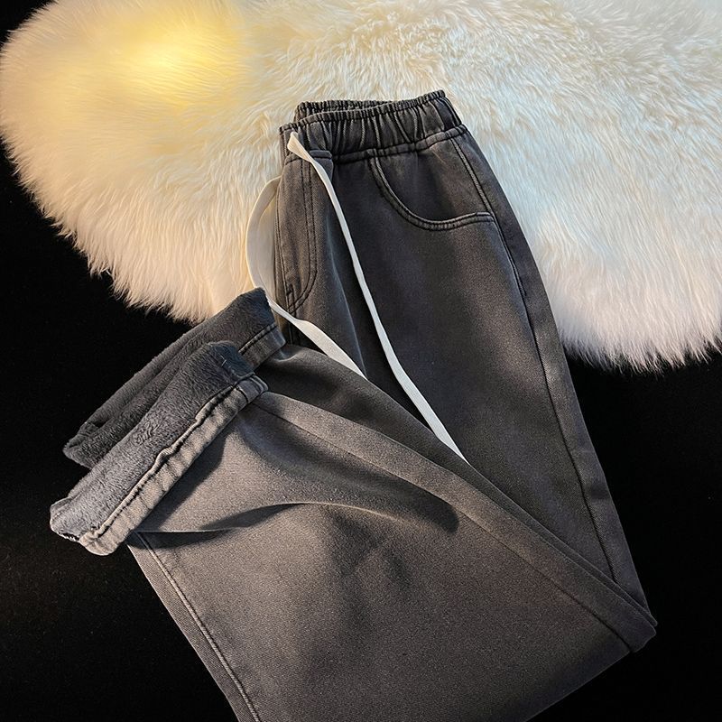Damen Verdicken Warme Samtgefütterte Weitbeinjeans Mode Hohe Taille Waschung Vaqueros Herbst Winter Klassische Schneebekleidung Damen Denimhosen
