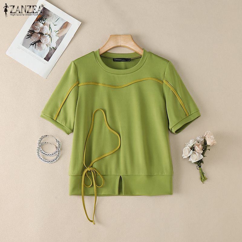ZANZEA T-shirts décontractés pour femmes à col rond, coupe ample, manches courtes