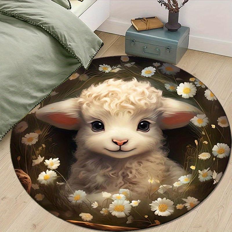Kristall-Samt Niedlicher Lamm-Print Runder Teppich - Rutschfest, Weich & Langlebiges Polyester-Teppich für Schlafzimmer, Wohnzimmer oder Nachttisch-Dekoration, Gemütlich