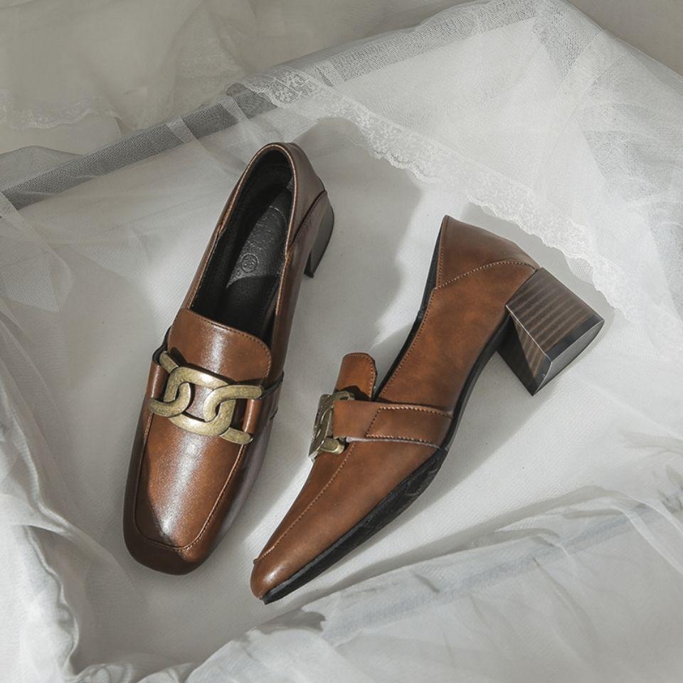 British style small leather shoes women's two wear versatile square head loafers 2025 spring and autumn new thick heel fashion one pedal