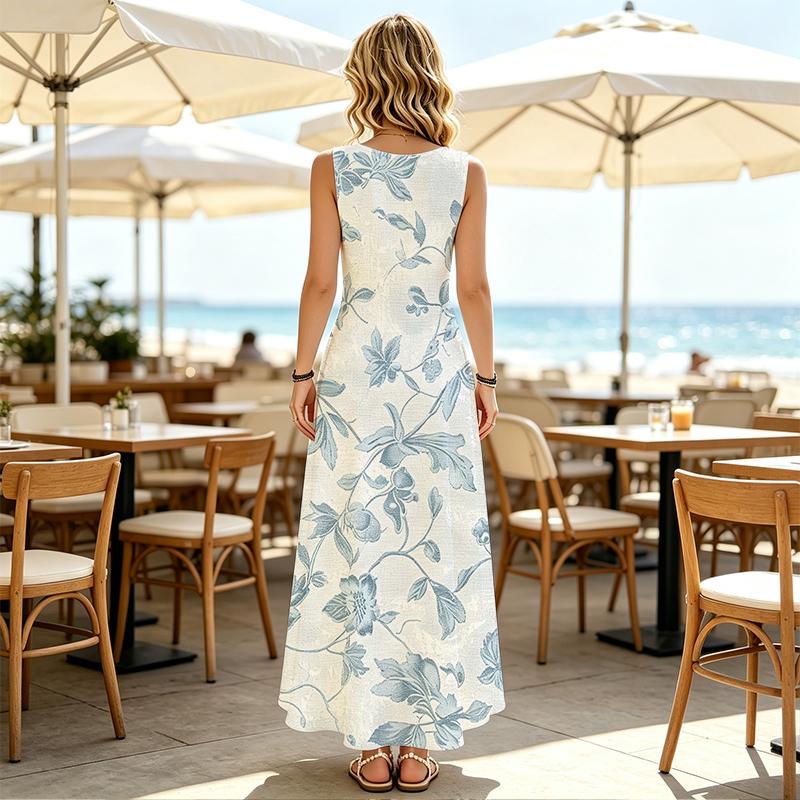 U-Neck Sleeveless Linen Maxi Dress Fresh Floral Seaside Vacation Style Comfy Breathable Summer Dress for Daily Casual Outdoor Trip