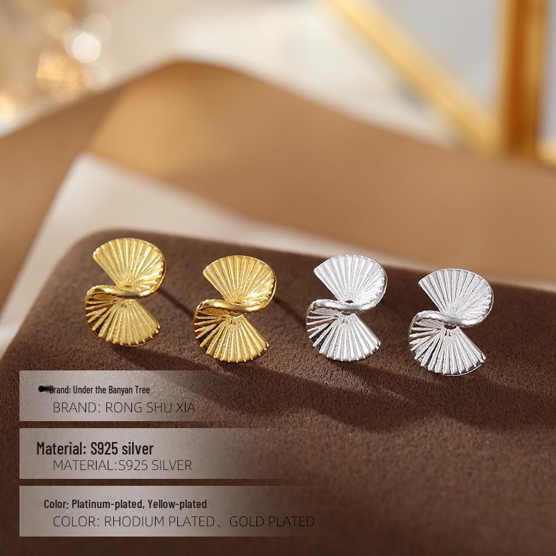 Banyan Tree S925 Silver Gold-plated Origami Fan Earrings for Women - Irregular Arc High-end Design
