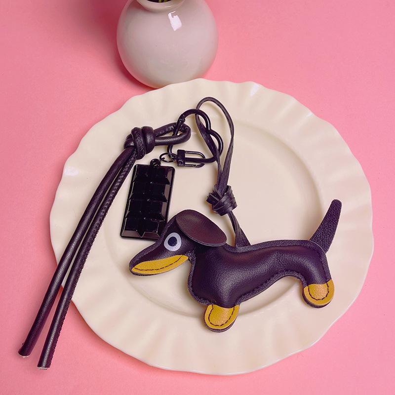 Leather Dachshund Chocolate Bag Accessories Pendant Key Chain Lanyard Creative Keychain