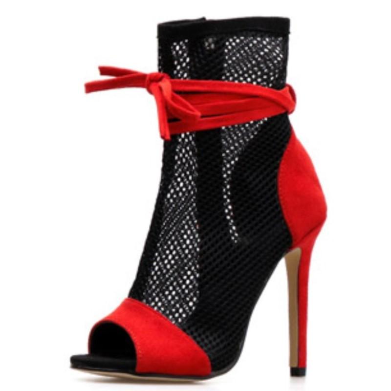 Spring Autumn New Sexy Mesh Ankle Boots Sandals Women Peep Toe Stiletto Heels Fashion Zip Lace Up Ladies Club Party Dance Shoes