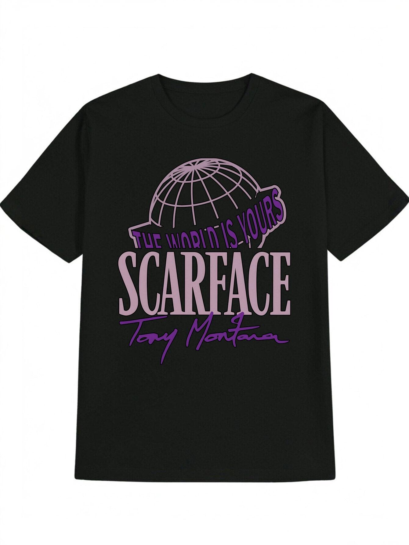 Casual Round Neck T-shirt with THE WORLD IS YOURS Globe Print - Black with Purple Lettering XXXXL