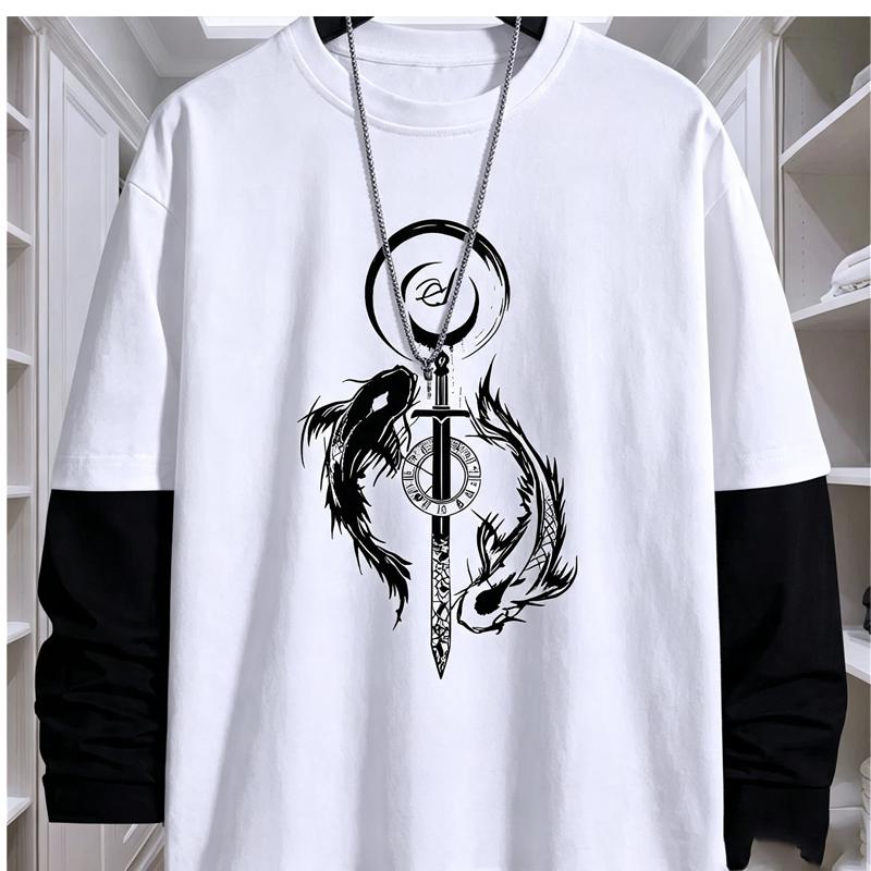 Yin-Yang Fish Print 2-In-1 Look Long Sleeve T-Shirt Men's High Street Comfort Streetwear Fashion Top, PLUS SIZE