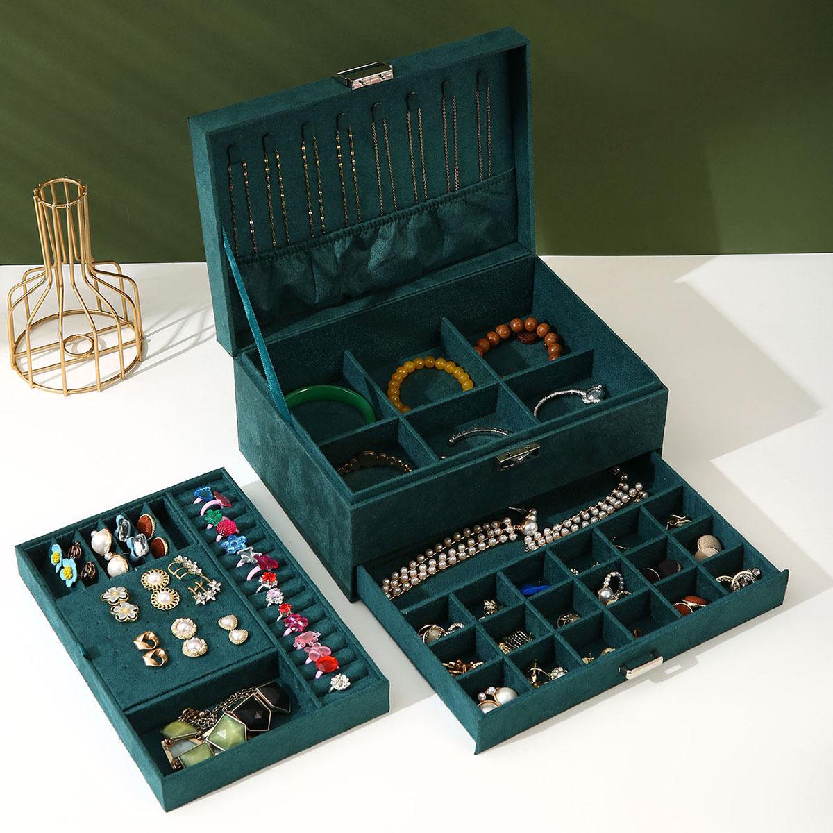 

Велика 3-шарова скринька для ювелірних виробів зі шкіряною обробкою для зберігання, ящик для зберігання, шафа, намисто, органайзер 24*17*11cm зелений
