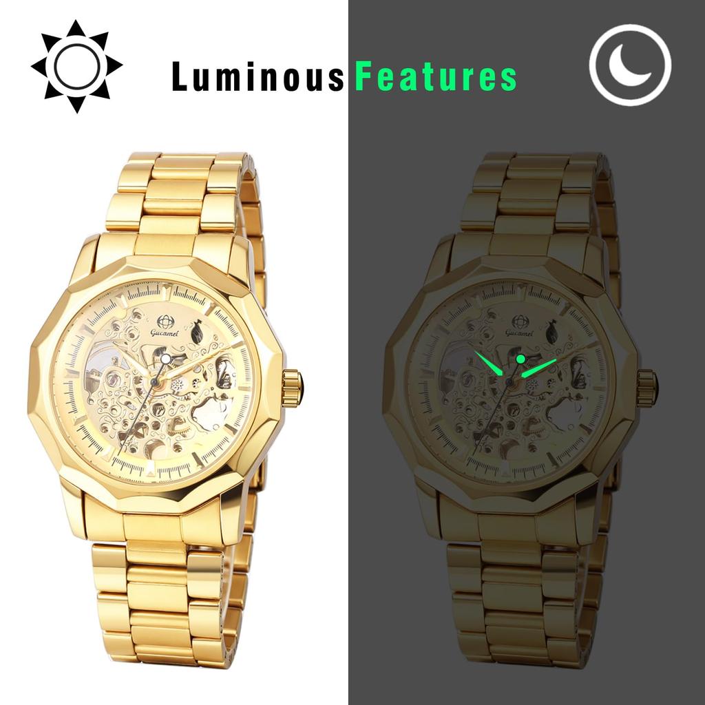 Men's Automatic Mechanical Skeleton Watch Luminous Analog Display Antique Waterproof Stainless Steel Band Casual Business Silver Gold black -