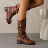 2025 Retro Women Mid Calf Boots Round Toe Thick Heels 5cm Platform 2cm Zipper Belt Buckle Plus Size 44 45 Daily Bota