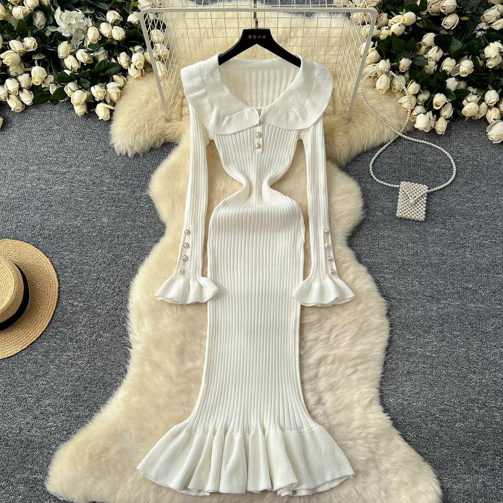 Knitted Dress Women's Autumn and Winter French Retro Color Collision Doll Collar Single-breasted Waist Slim Fishtail Long Dress