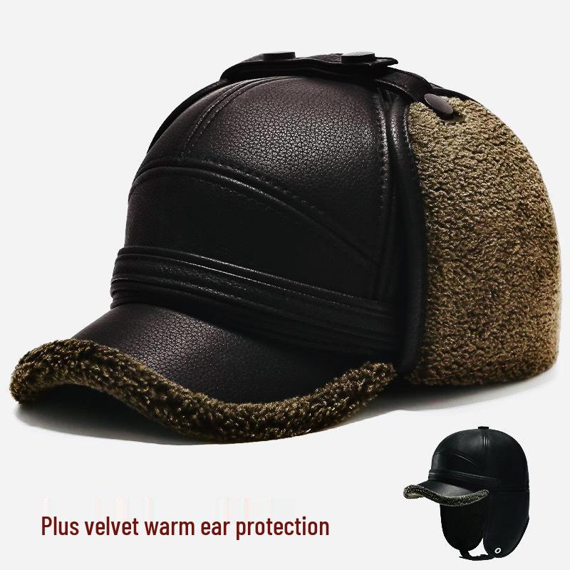 Chapéu de Inverno de Couro com Lã para Homens de Meia-Idade e Idosos - Boina à Prova de Vento e Protetora de Orelhas