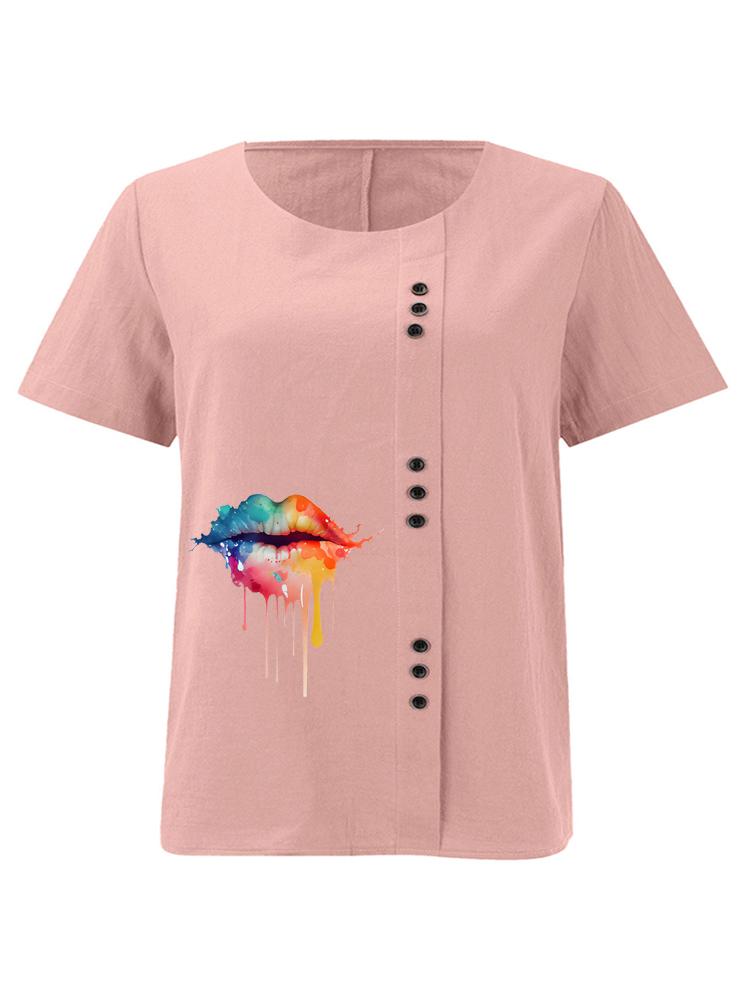 Women s Fashion Colorful Lips Print Shot Sleeve T-shirt Loose Cotton Shirt Casual Loose Summer Blouse Tops Plus Size S розовый