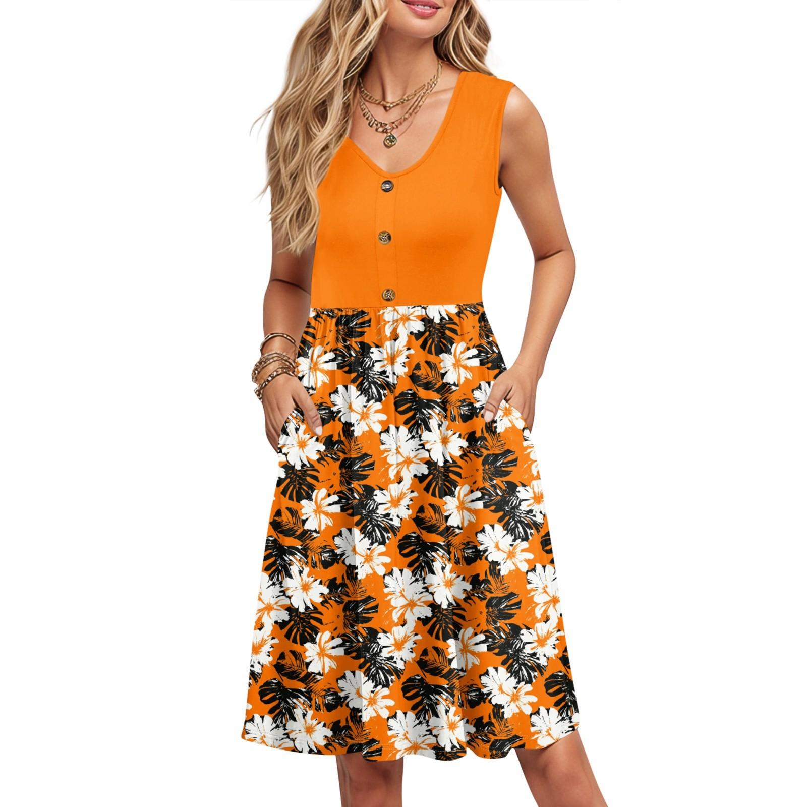 

Женские летние платья с принтом, без рукавов, повседневные, свободные, расклешенные, на пуговицах, миди-сарафан с карманами XXL оранжевый