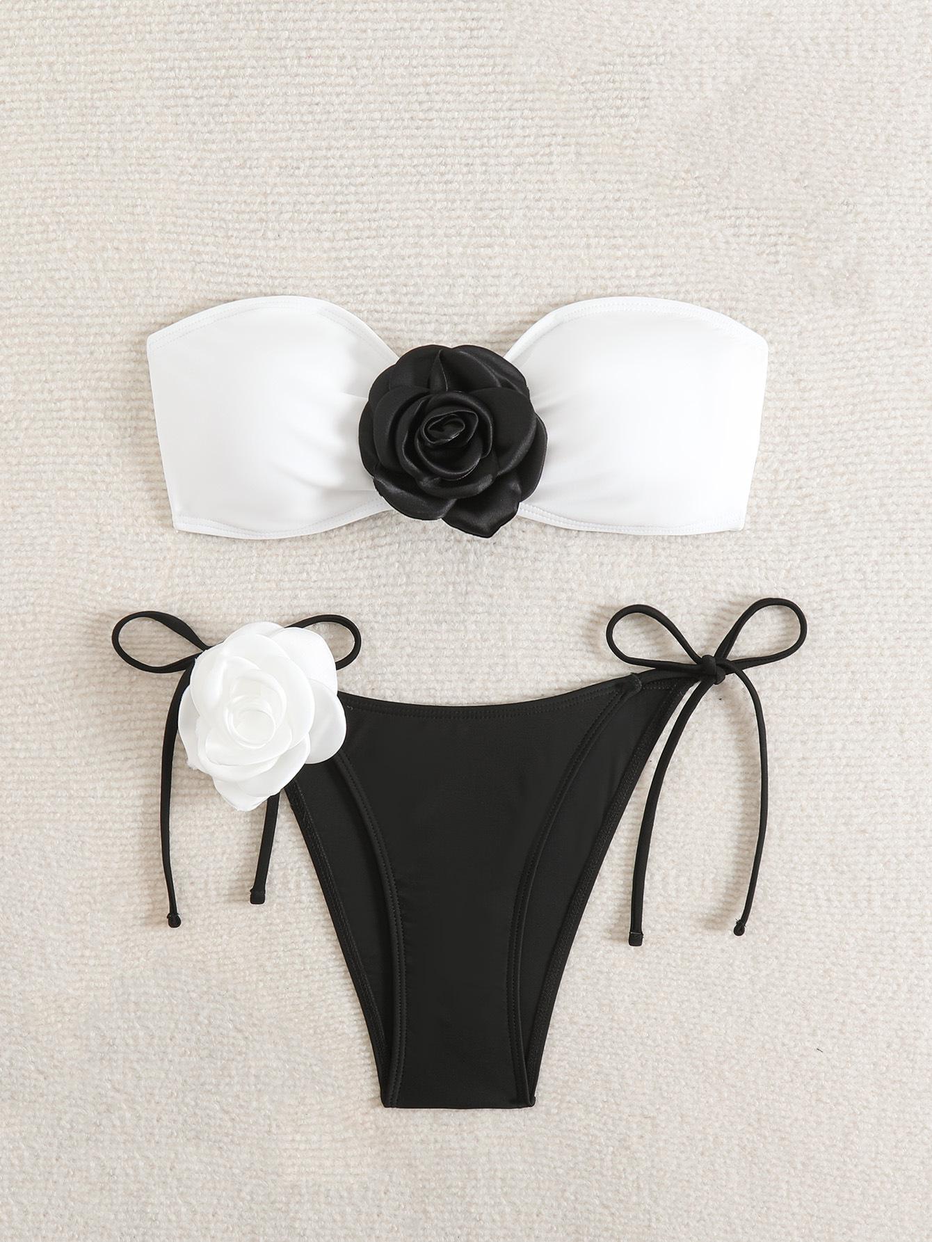 

Европейский и американский цветочный купальник-бикини бандо без спинки для женщин 2024 Extra Large чёрный/белый