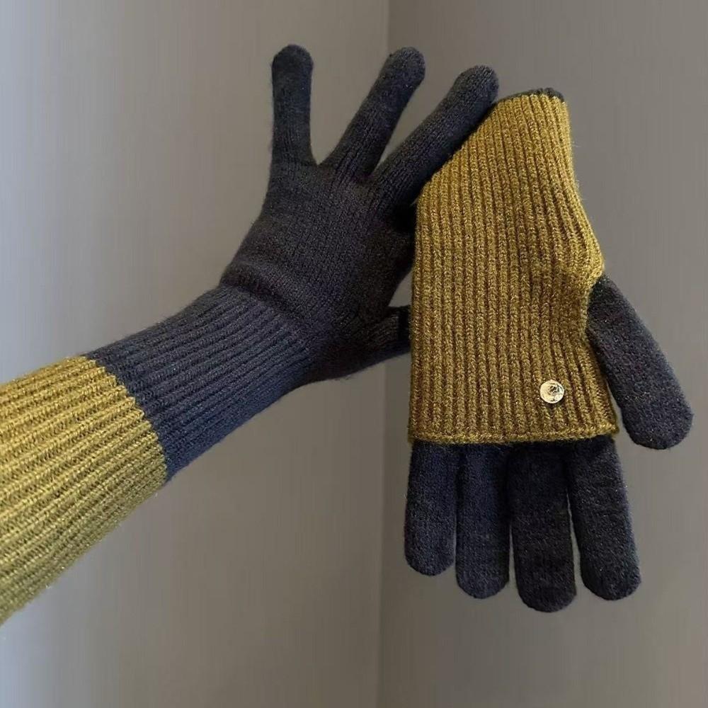 Patchwork Design Knit Gloves Maillard Earth Tone Open Finger Gloves for Students
