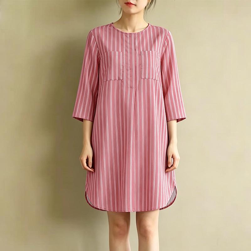

ZANZEA Women Casual Round Neck 3/4 Sleeve Stripe Loose Dress 5XL рожевий