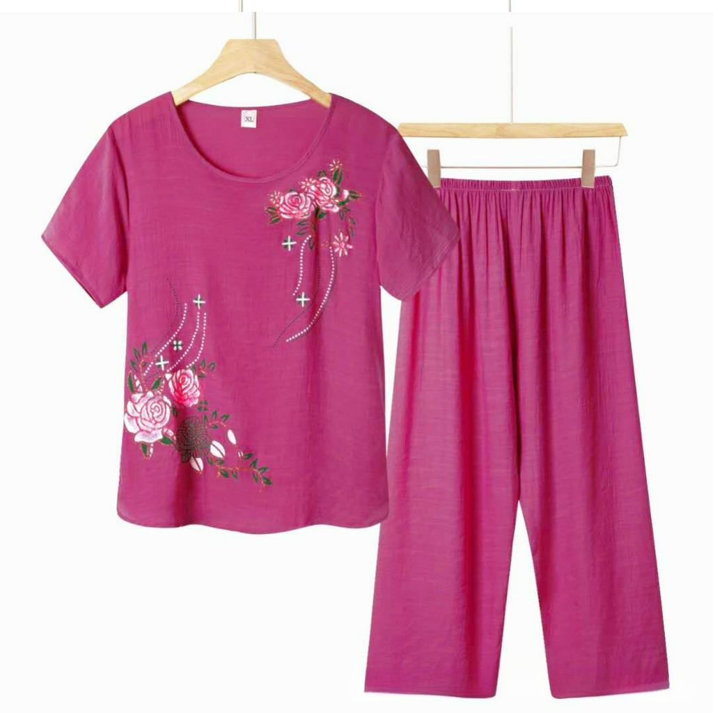 Pajamas Summer Short-sleeved Breathable T-shirt Suit Spring and Autumn Large Size Cotton and Linen Printed Home Service