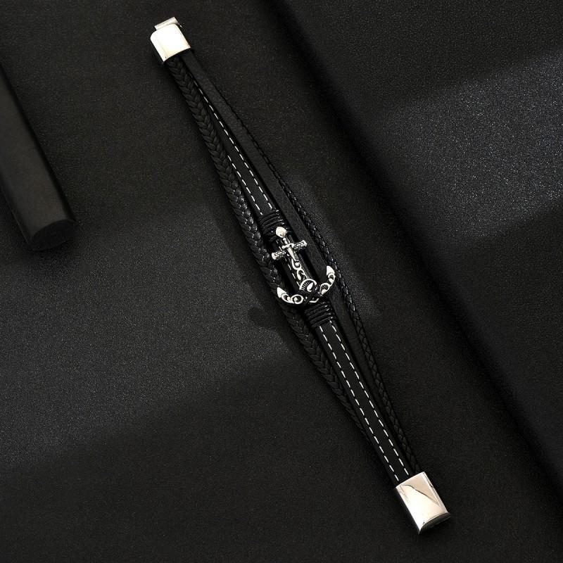 Personalized Fashion Retro Leather Stainless Steel Bracelet Multi Layer Braided Rope Black Series Men's