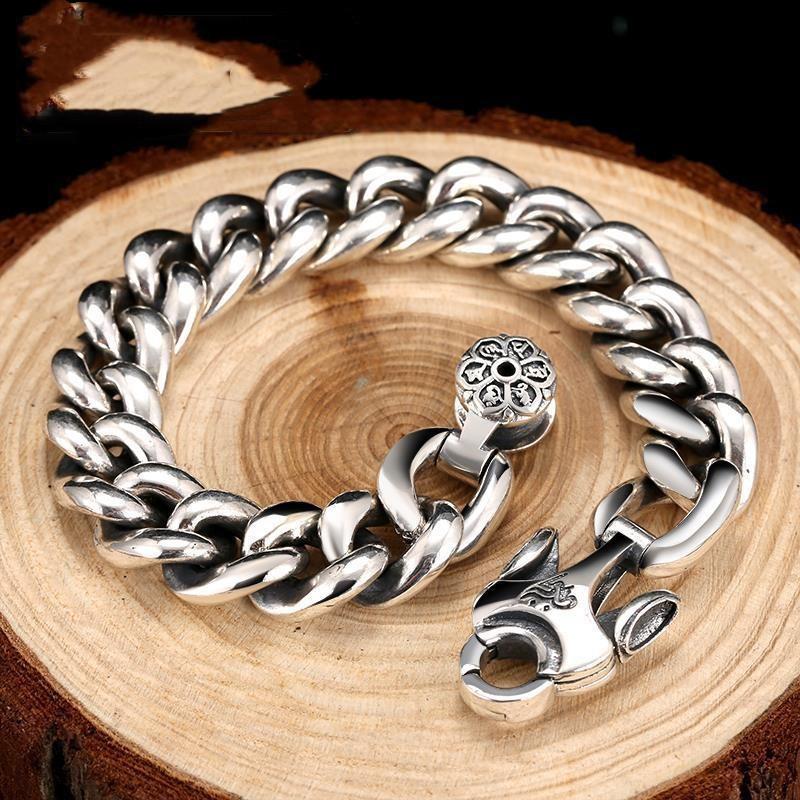 High-end Retro 925 Silver Retro Thai Silver Men's Bracelet Six-character Mantra Simple Personalized Trendy Men's Jewelry