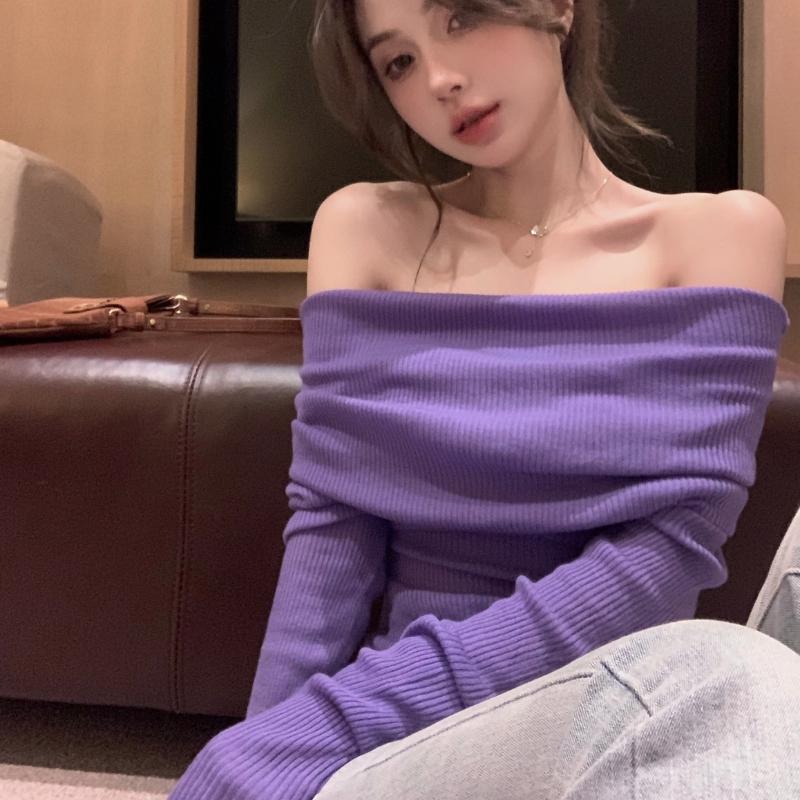 Autumn New Sexy One Shoulder Pullover Sweaters for Women Lapel Off Shoulder Long Sleeved Knitted Sweater Woman Elegant Casual Winter Knitwear 24861