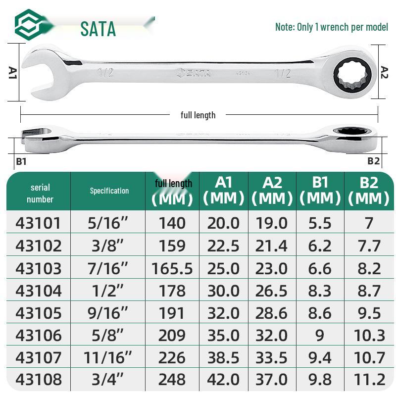 SATA 43101-43108 Zoll Zweifach verwendbarer Schnellspann-Multifunktions-Ratsche-Schraubenschlüssel