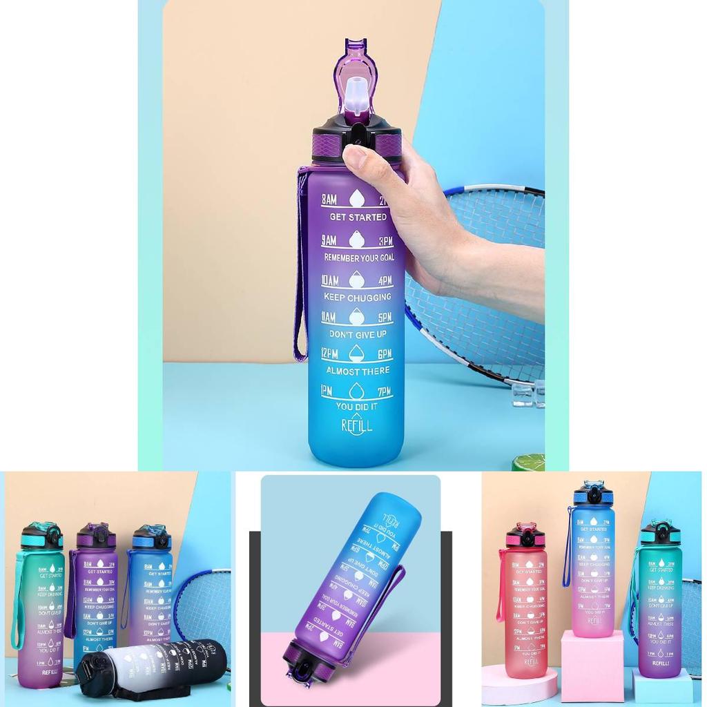 Large Capacity 1000ml Gradient Color Frosted Plastic Water Bottle With Straw For Sports And Office Use