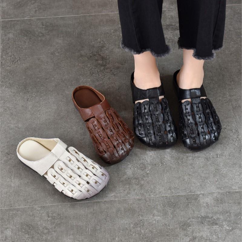 Johnature Genuine Leather Round Toe Flat Slippers Hollow Out Soft Soled Outdoor Slides Women's Slip-on Sheos