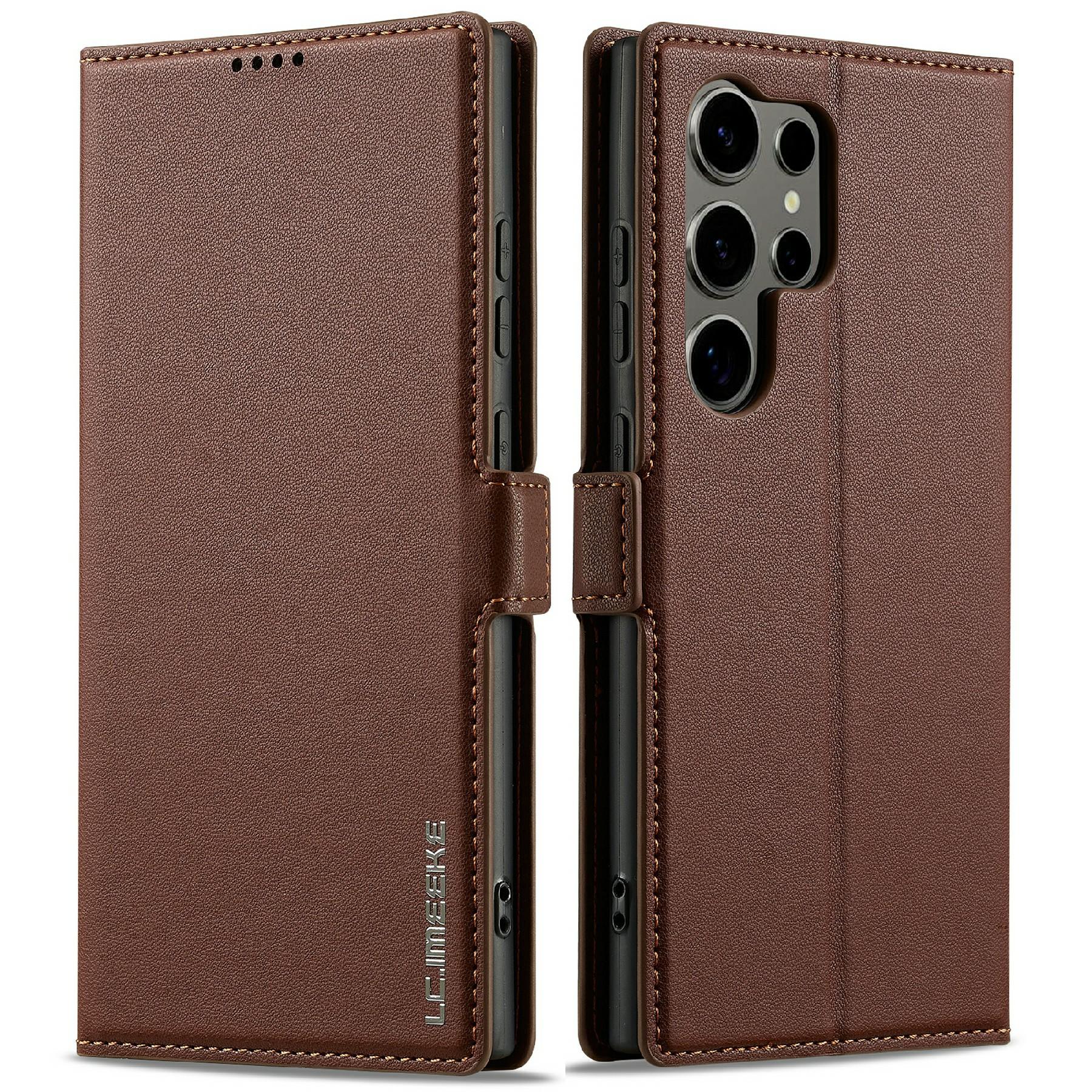 

LC.IMEEKE L1 Series for Samsung Galaxy S25 Ultra Case PU Leather Wallet Stand Protective Phone Cover Brown