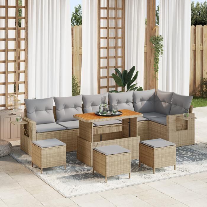 Ensemble de canapé de jardin 10 pièces avec coussins beige poly rotin acacia, Ensemble de salle à manger de jardin 4 pièces 3361772