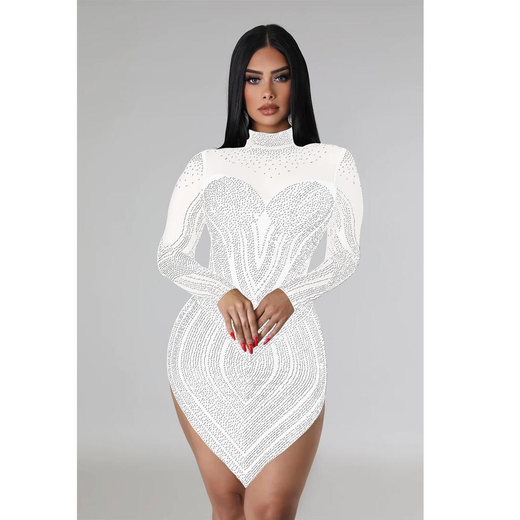 European and American Fashion Women's Solid Color Mesh Rhinestone Long Sleeve Mini Dress