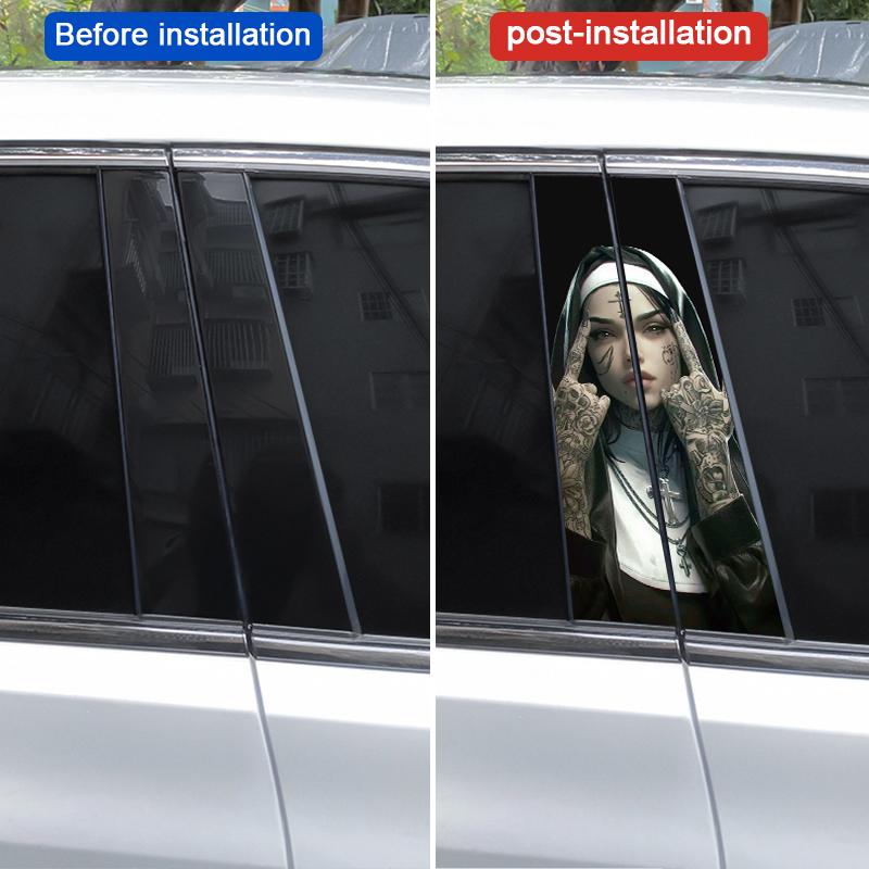 2pcs Nun Sisters Car Decal Car B-Pillar Sticker Smoking Nun Styling Car Decal Diy Car Door Post Vinyl Decal Cool Nun Decal