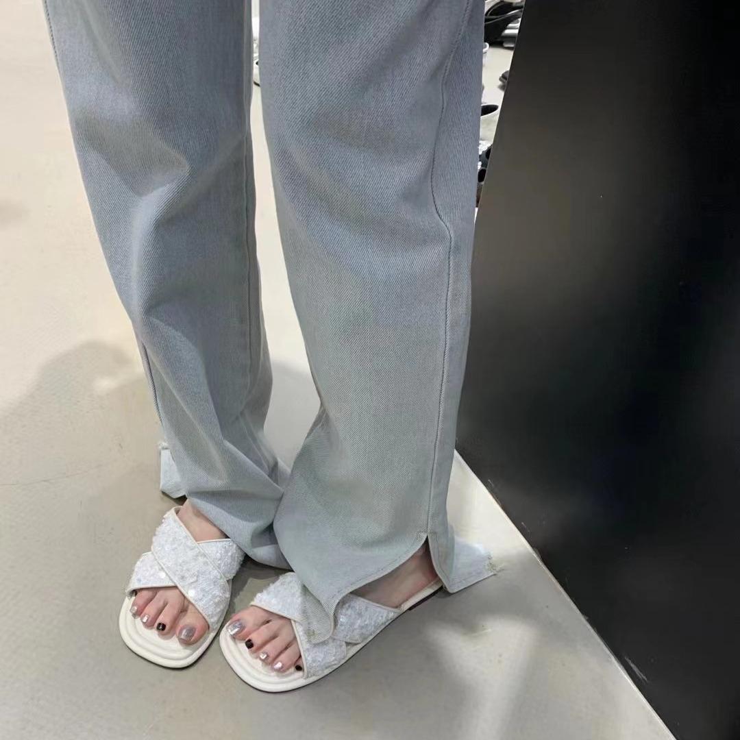 

Сандалии шлепанцы с пайетками с открытым носком и квадратным носком на плоской подошве ленивая обувь мягкая подошва крутые шлепанцы женщины 39 абрикосовый