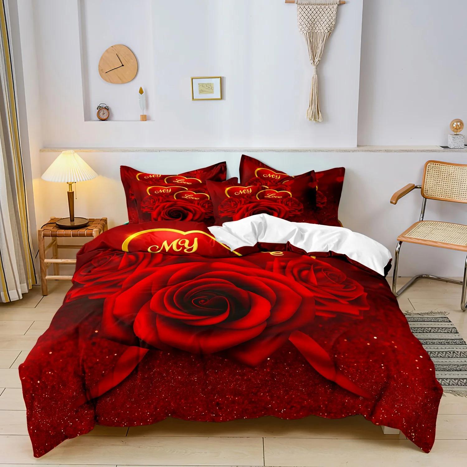 

3pcs Romantic Valentine S Day Bedding Set Red Rose Love Floral Duvet Cover Set Gifts for Lover(1 Duvet Cover And 2 Pillowcases) (135x200cm)