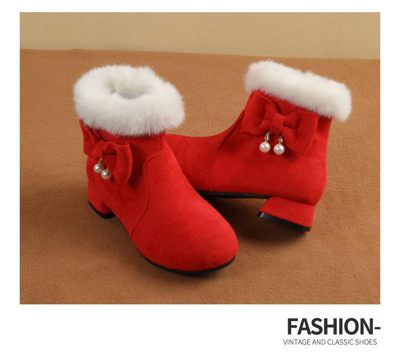 New Red and Black Girls' Cotton Princess Ankle Boots - Low Heel, Autumn/Winter