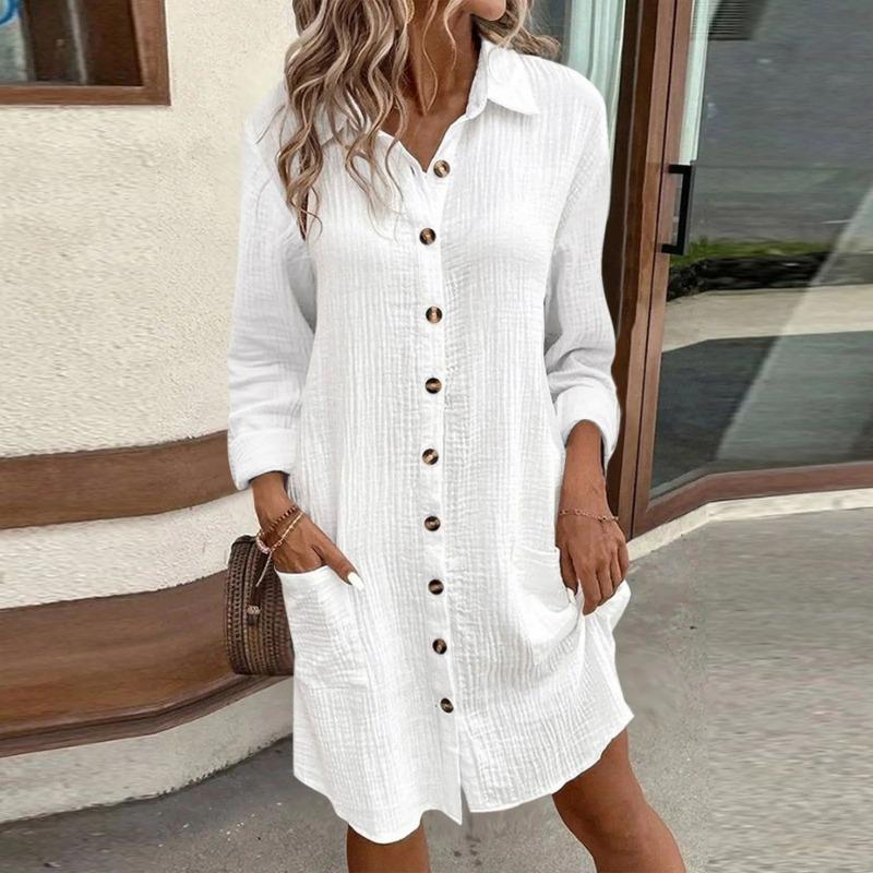 Women S Solid Cotton Linen Long Sleeve Mid Length Shirt Dress Casual