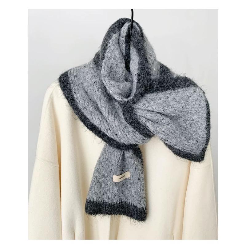 Xiaoxiangfeng Color Blocked Wool Scarf for Women Winter High End Thickened Warm Mohair Knitted Shawl Scarf for Students