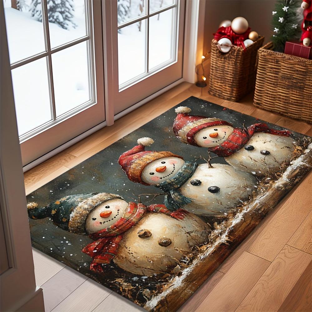 1Pc 850g/m² Vintage Three Snowman print Floor Mat Modern 4mmKitchen Rug Non-Slip Colorful Indoor Carpet, For Home Bathroom Bedroom Living Room Decor