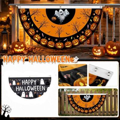 Halloween Semi Circular Banner Outdoor Hanging Garden Fence Decoration Pumpkin Ghost Theme Party Fabric 45cm X 90cm Durable Design