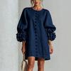 French Style 3D Floral Cotton Linen Dress, Lantern Sleeve Round Neck Single Breasted Loose Slimming Vacation Mini Dress